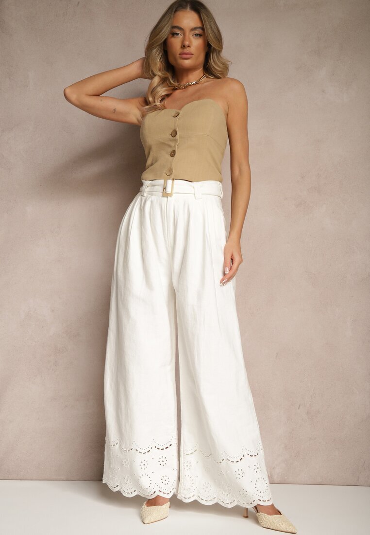 elsa.m by may Pantaloni Largi Albi din Bumbac cu Broderie Decorativă și curea Lavsemi
