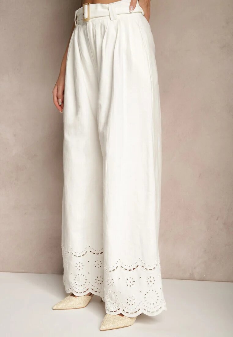 elsa.m by may Pantaloni Largi Albi din Bumbac cu Broderie Decorativă și curea Lavsemi