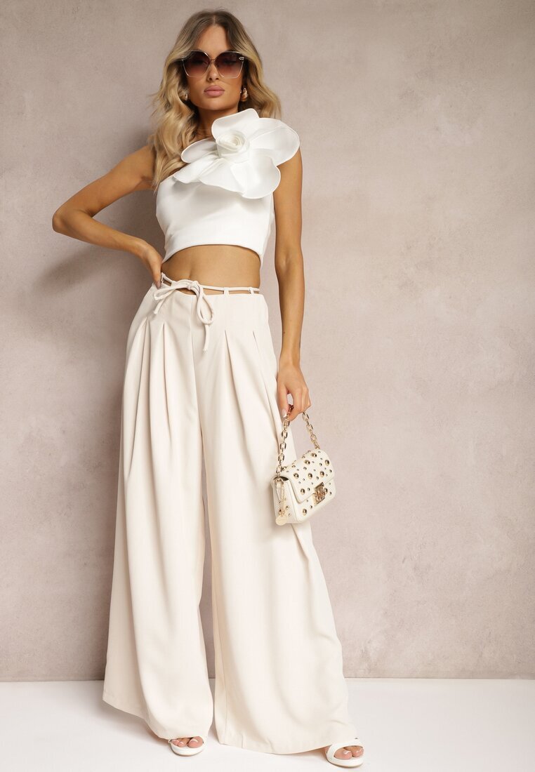 elsa.m by may Pantaloni Largi Bej Deschis High Waist Cu Fermoar Cu Legătură în Talie Vikonnia