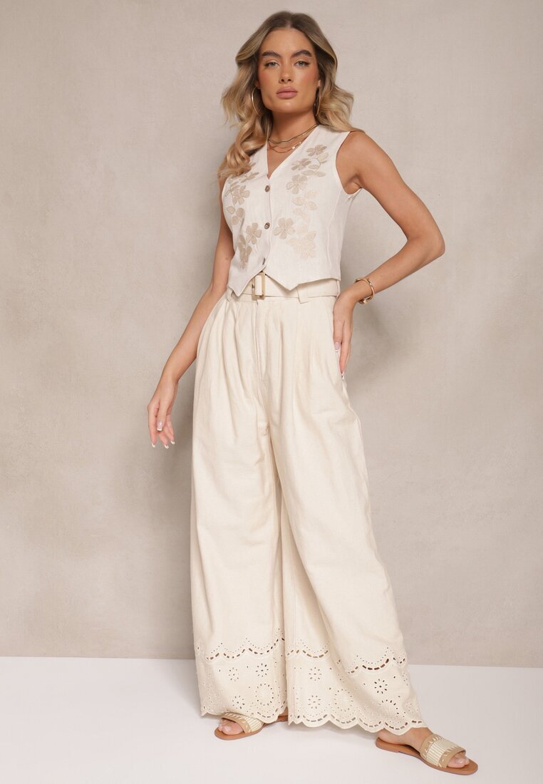 elsa.m by may Pantaloni Largi Bej din Bumbac cu Broderie Decorativă și Cordon Lavsemi