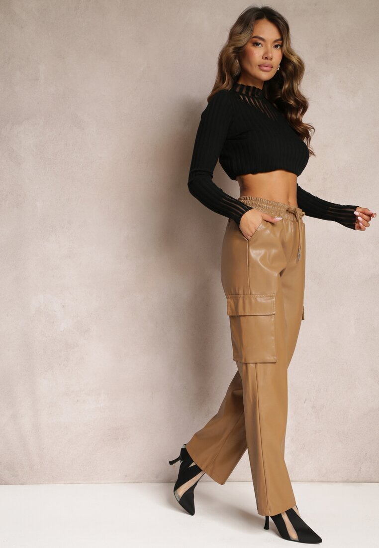 elsa.m by may Pantaloni Largi Bej Stil Cargo cu buzunare cu clape Mixana