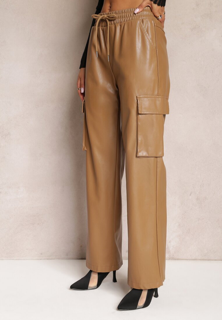 elsa.m by may Pantaloni Largi Bej Stil Cargo cu buzunare cu clape Mixana