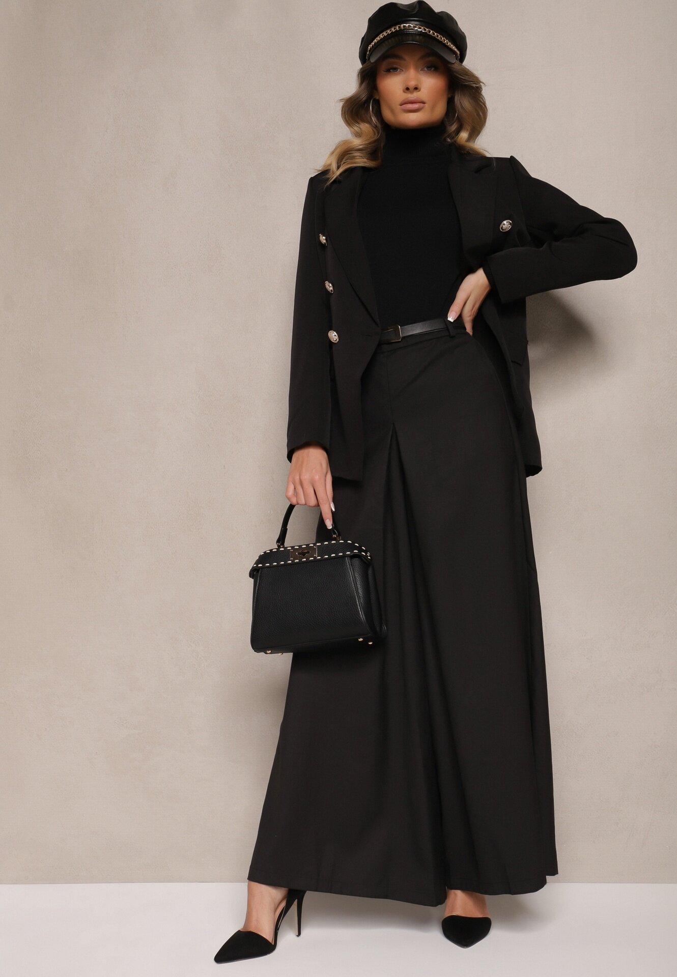 elsa.m by may Pantaloni negri culottes cu curea și croială largă cu aspect de fustă Aimleda