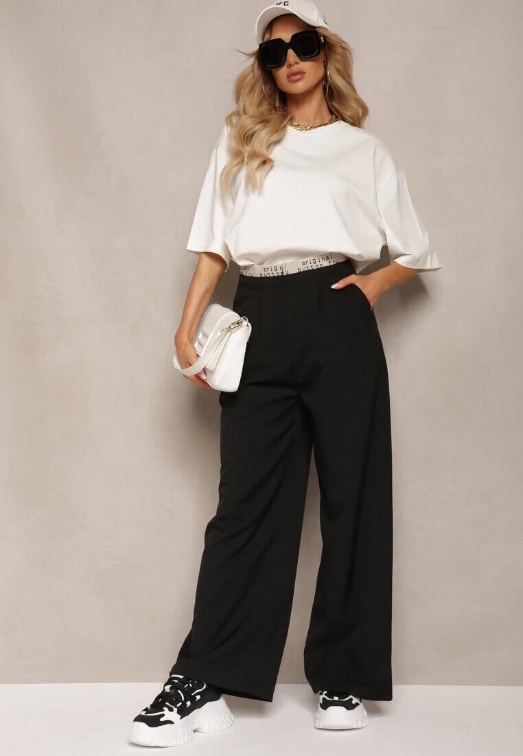 elsa.m by may Pantaloni Negri Largi în Stil Costum High Waist Folara