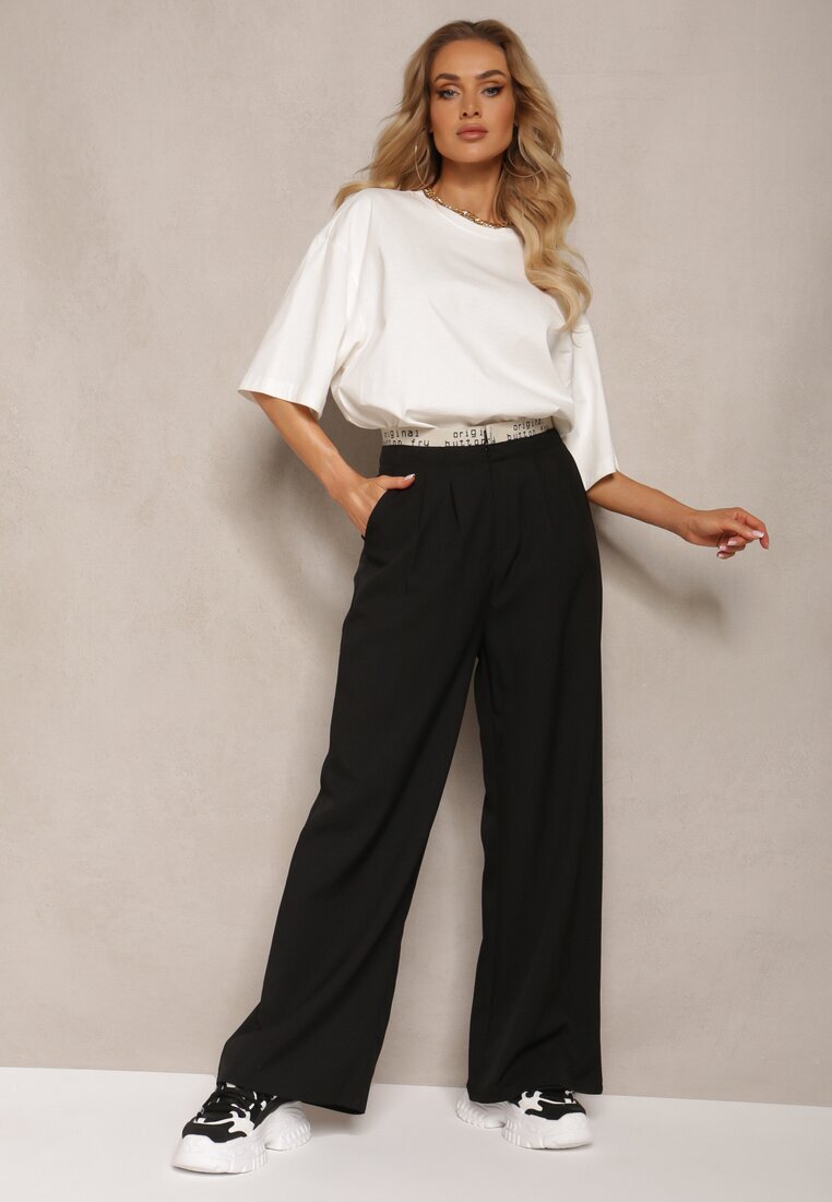 elsa.m by may Pantaloni Negri Largi în Stil Costum High Waist Folara