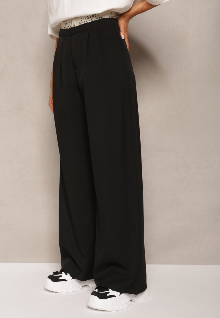 elsa.m by may Pantaloni Negri Largi în Stil Costum High Waist Folara