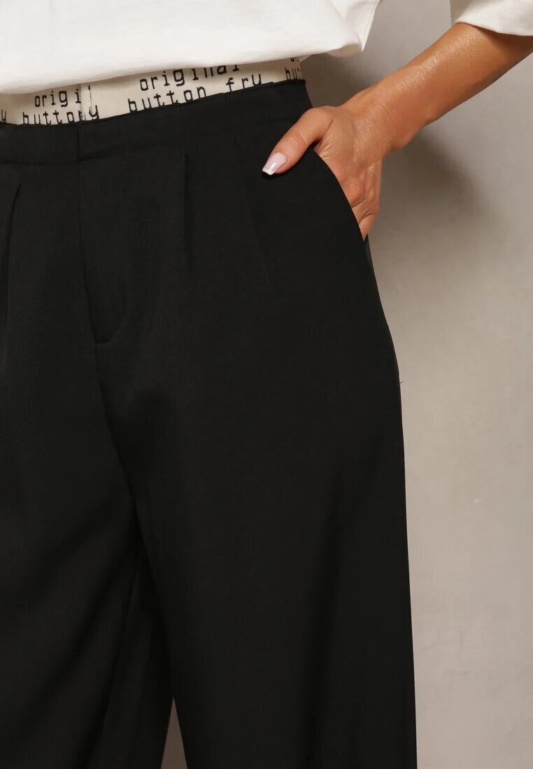 elsa.m by may Pantaloni Negri Largi în Stil Costum High Waist Folara