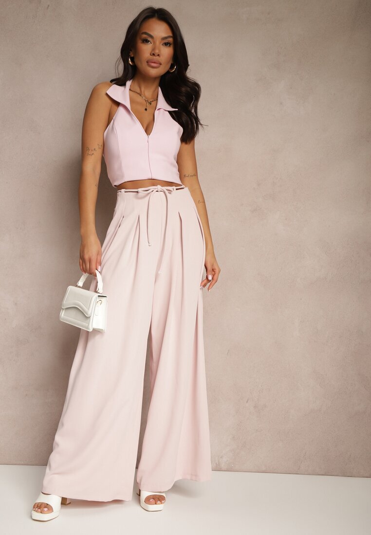 elsa.m by may Pantaloni Roz Largi High Waist Cu fermoar Cu cordon în talie Vikonnia