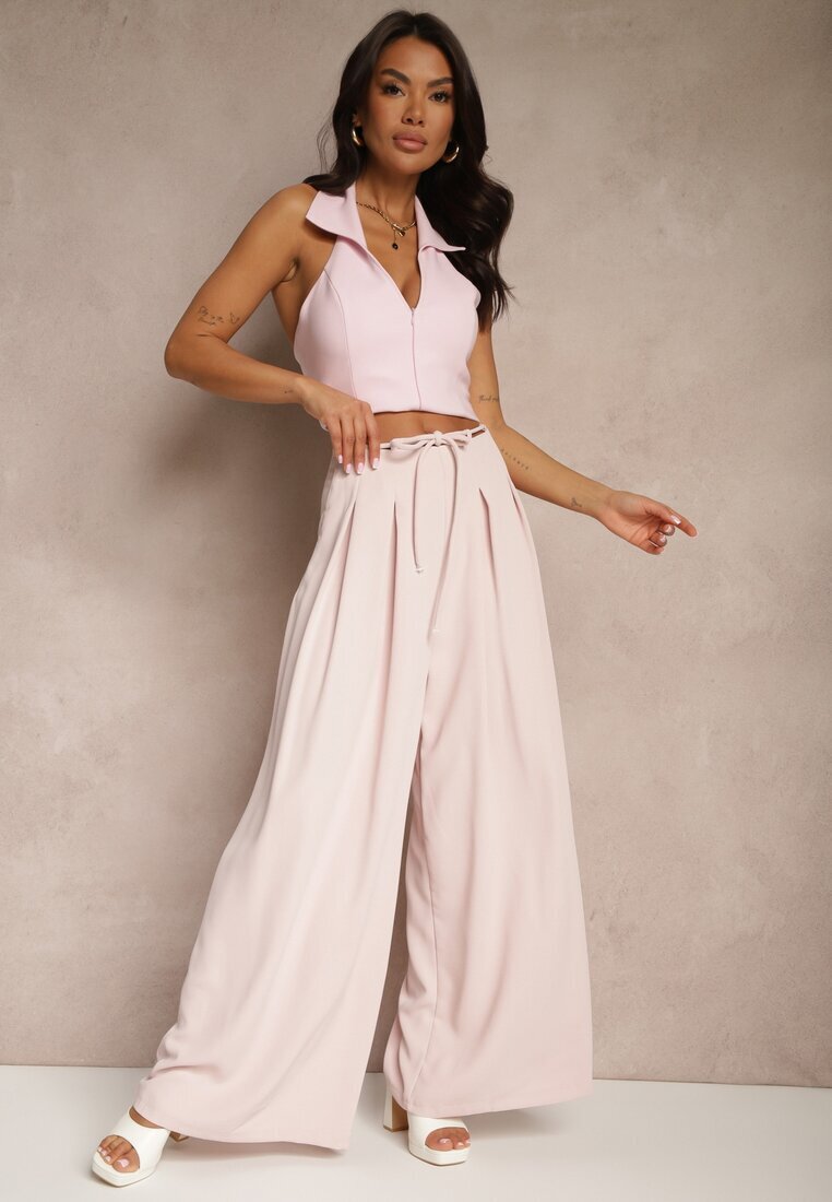 elsa.m by may Pantaloni Roz Largi High Waist Cu fermoar Cu cordon în talie Vikonnia