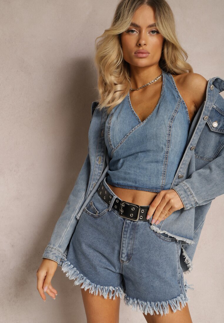 elsa.m by may Pantaloni scurți Albaștri cu Curea din Imitație de Piele Decorați cu Margini Franjurate Lienara