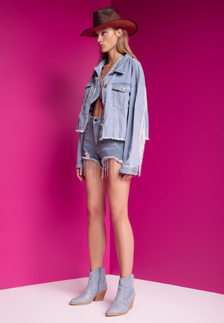 elsa.m by may Pantaloni scurți albaștri din denim din bumbac cu talie înaltă finisați cu zirconii și rupturi Tiamelba