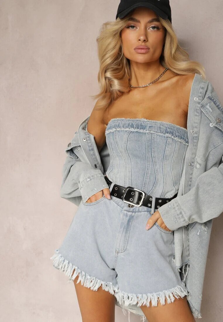 elsa.m by may Pantaloni scurți Albastru deschis cu Cordon din Imitație de piele Decorați cu Margini franjurate Lienara