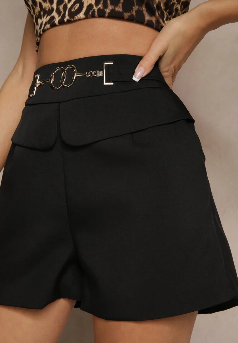 elsa.m by may Pantaloni scurți Negri Eleganți High Waist din Viscoză Decorați cu aplicație metalică Zilene