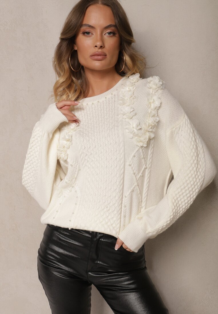 elsa.m by may Pulover Alb Clasic cu Aplicații Florale Decorative și Perle Leanwenna
