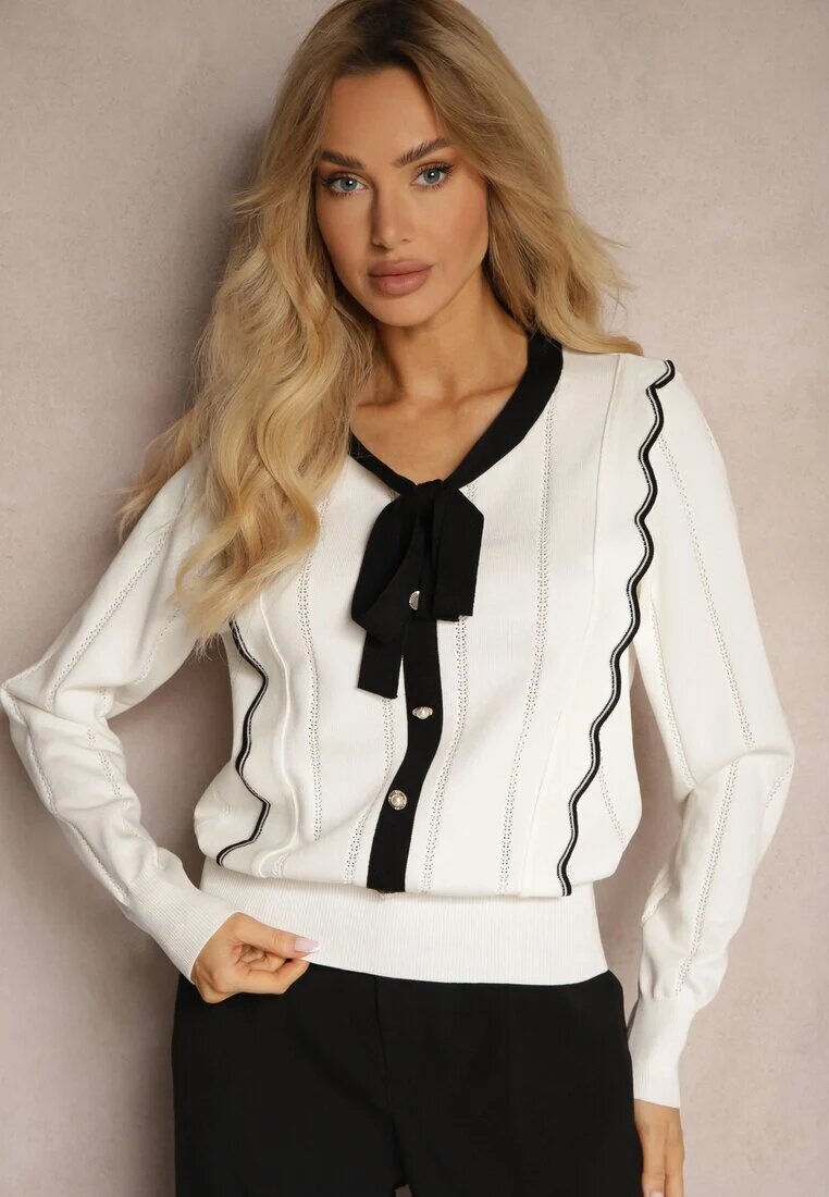 elsa.m by may Pulover alb cu viscoză cu nasturi ornamentali și fundă în stil retro Miaraine