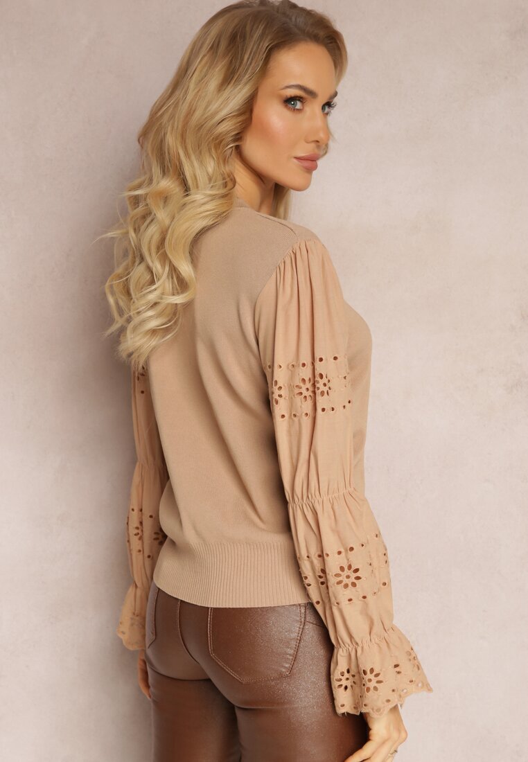 elsa.m by may Pulover Bej cu Broderie Decorativă și Mânecă Ajurată Anulika