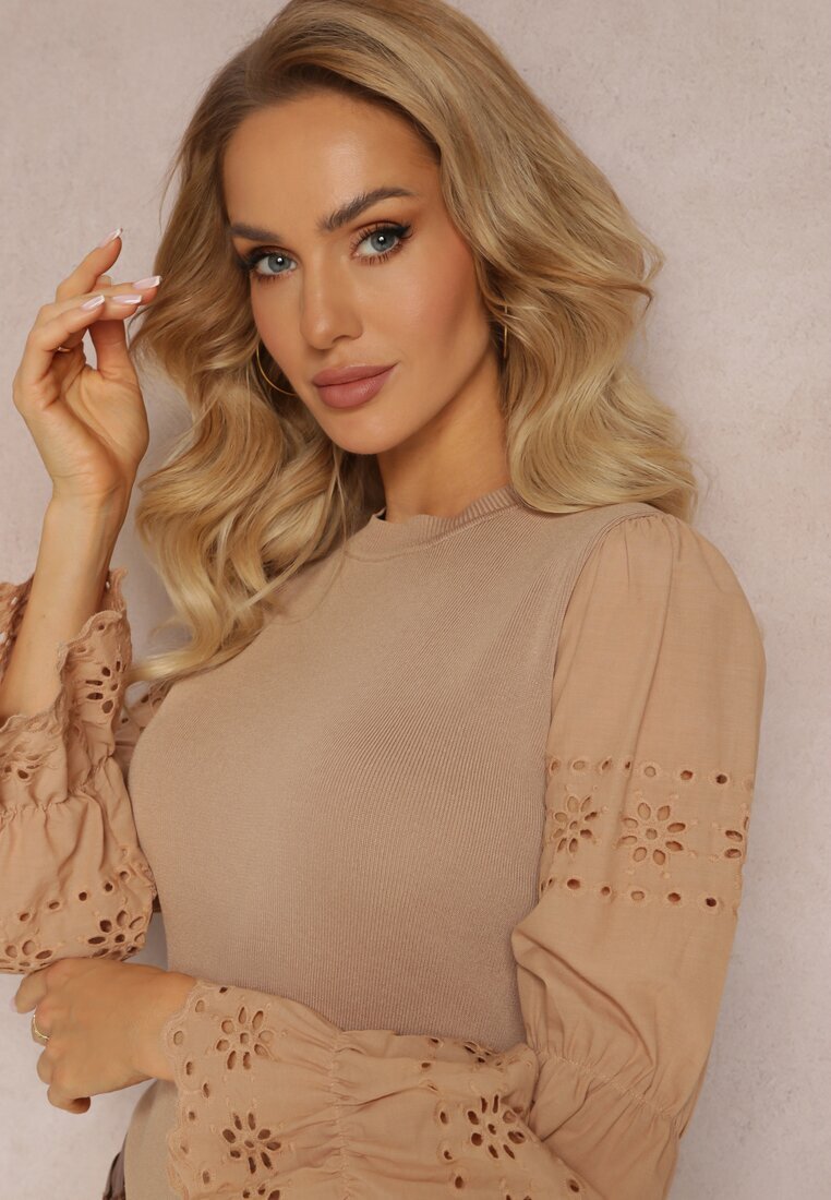 elsa.m by may Pulover Bej cu Broderie Decorativă și Mânecă Ajurată Anulika
