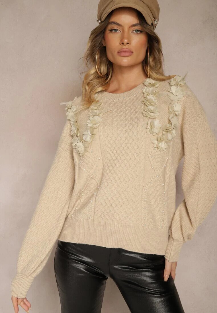 elsa.m by may Pulover bej deschis Clasic cu aplicații florale ornamentale și perle Leanwenna