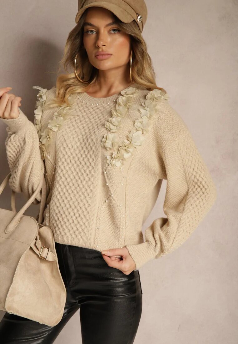 elsa.m by may Pulover bej deschis Clasic cu aplicații florale ornamentale și perle Leanwenna