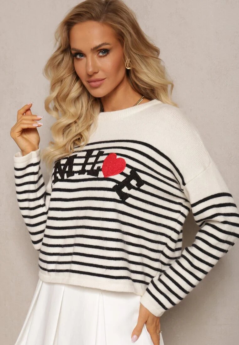 elsa.m by may Pulover bej și negru cu textul Smile și model în dungi Suwaia