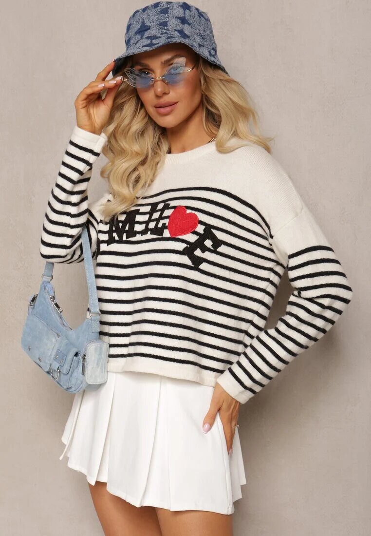 elsa.m by may Pulover bej și negru cu textul Smile și model în dungi Suwaia
