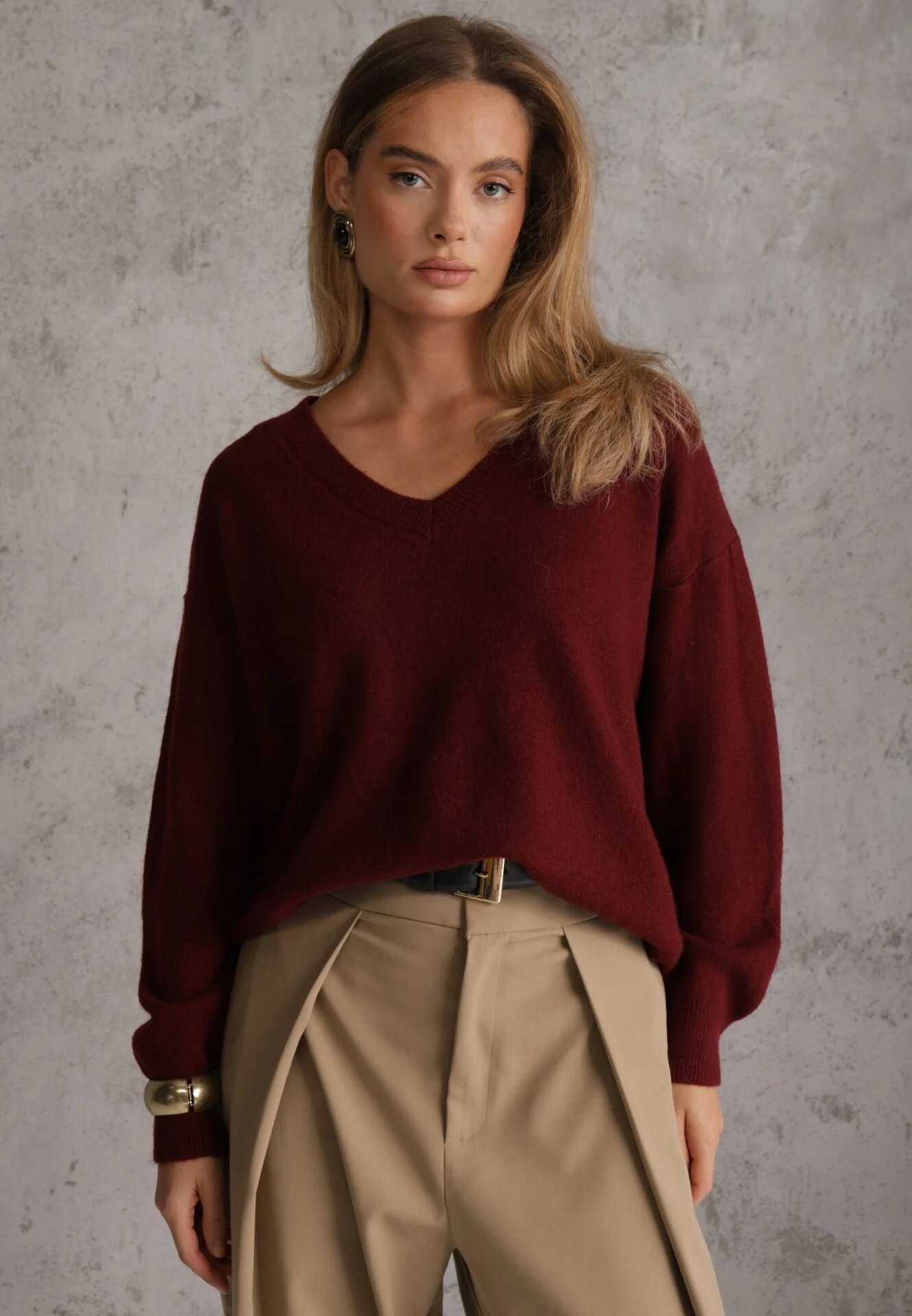elsa.m by may Pulover Bordo Simplu cu Bumbac Oversize Conime