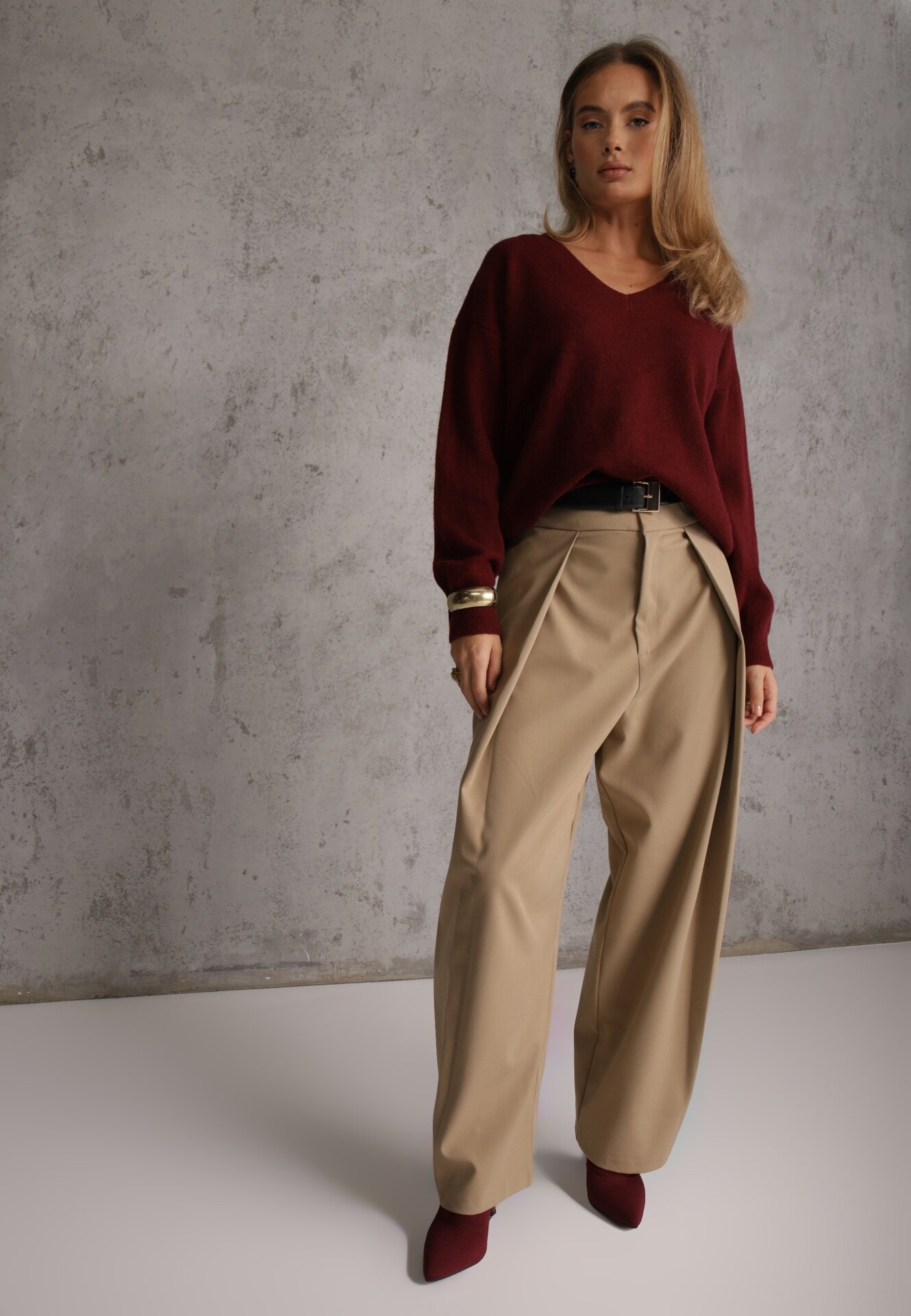 elsa.m by may Pulover Bordo Simplu cu Bumbac Oversize Conime