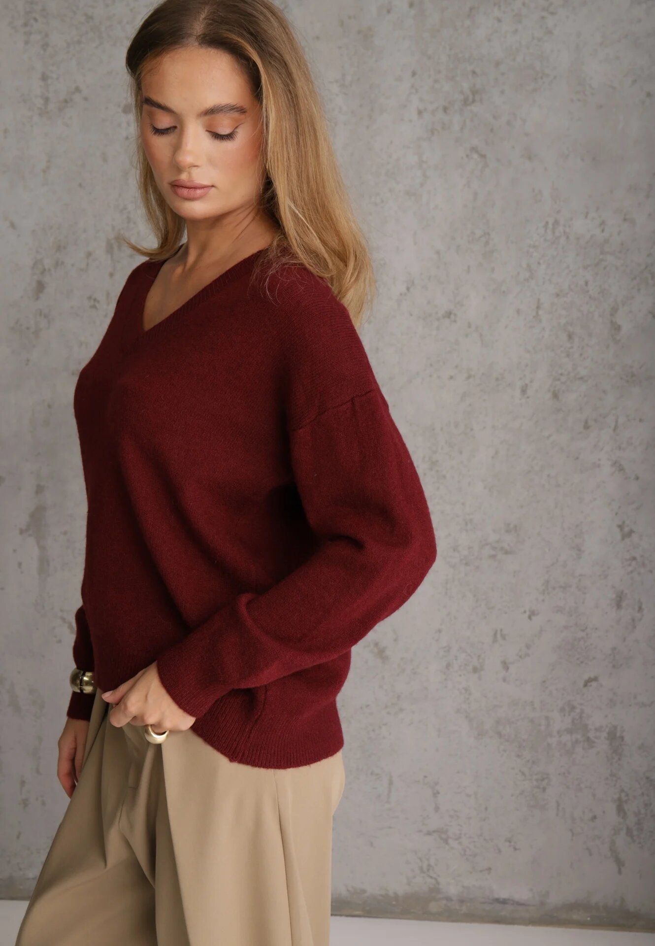 elsa.m by may Pulover Bordo Simplu cu Bumbac Oversize Conime