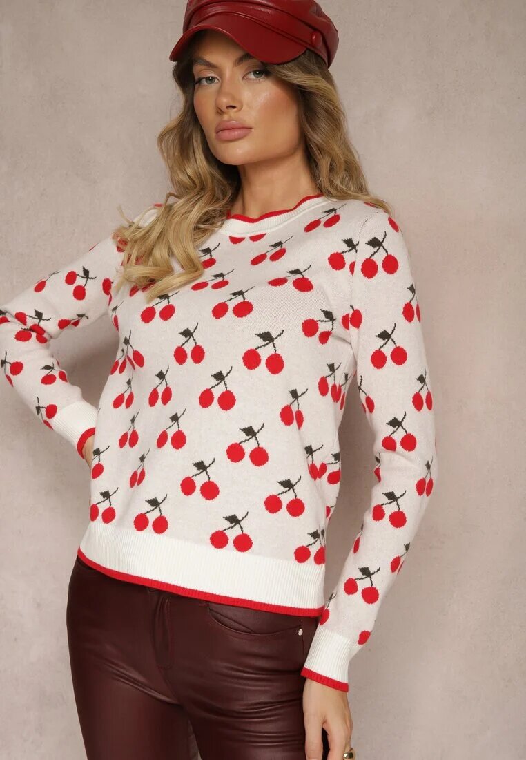elsa.m by may Pulover Casual Alb din Viscoză Decorat cu Imprimeu cu Cireșe Avattria