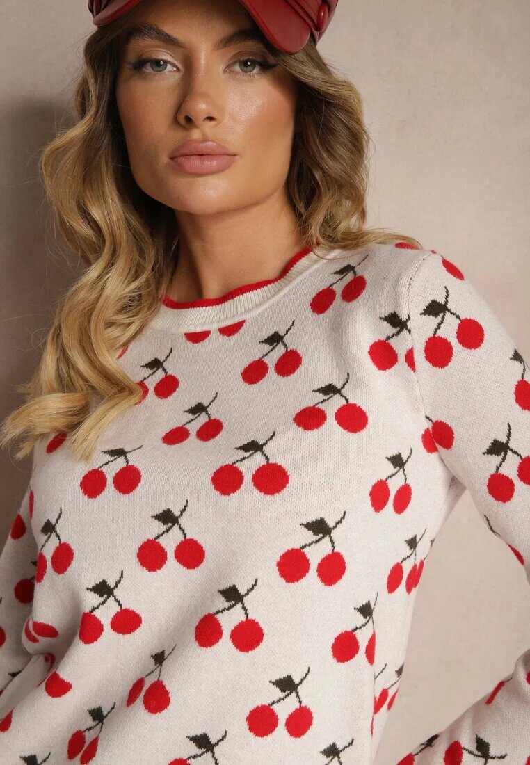 elsa.m by may Pulover Casual Alb din Viscoză Decorat cu Imprimeu cu Cireșe Avattria