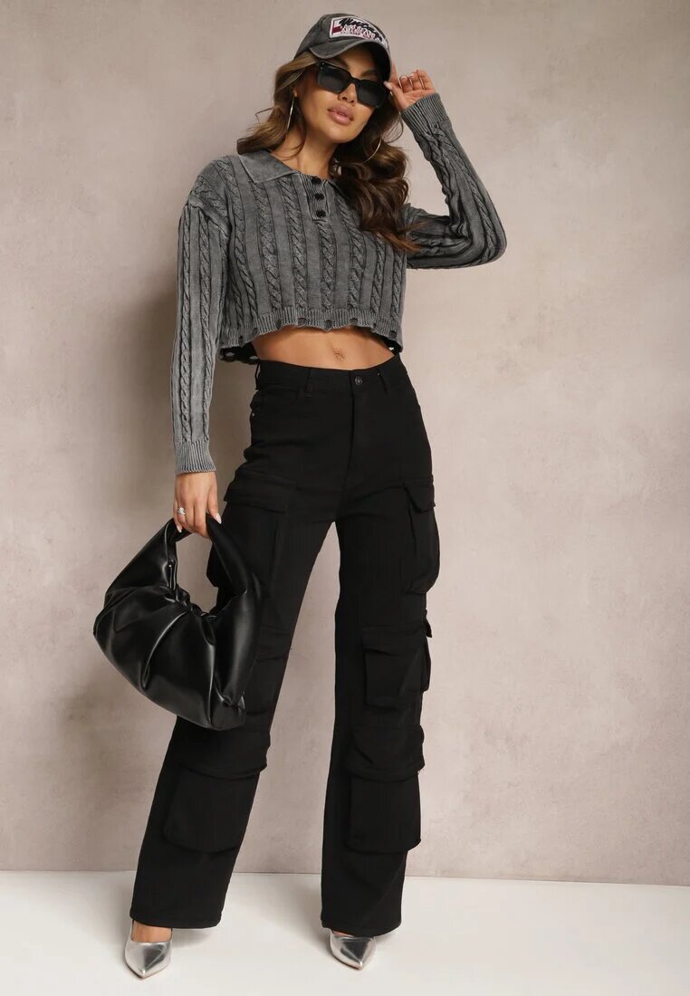 elsa.m by may Pulover Gri croptop cu model împletit și guler Zorilda