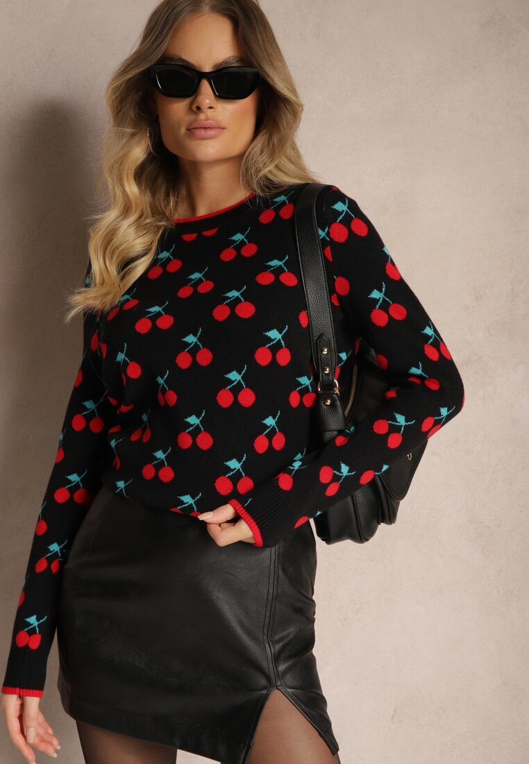 elsa.m by may Pulover Negru Casual cu Viscoză cu Print cu Cireșe Avattria