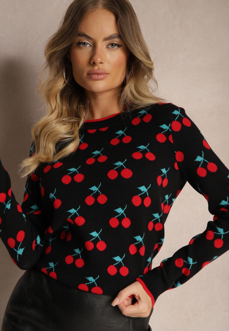 elsa.m by may Pulover Negru Casual cu Viscoză cu Print cu Cireșe Avattria