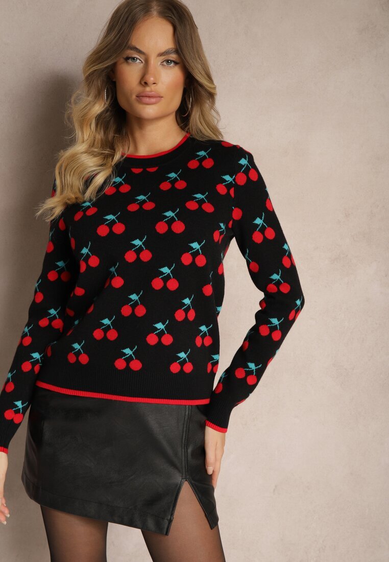elsa.m by may Pulover Negru Casual cu Viscoză cu Print cu Cireșe Avattria