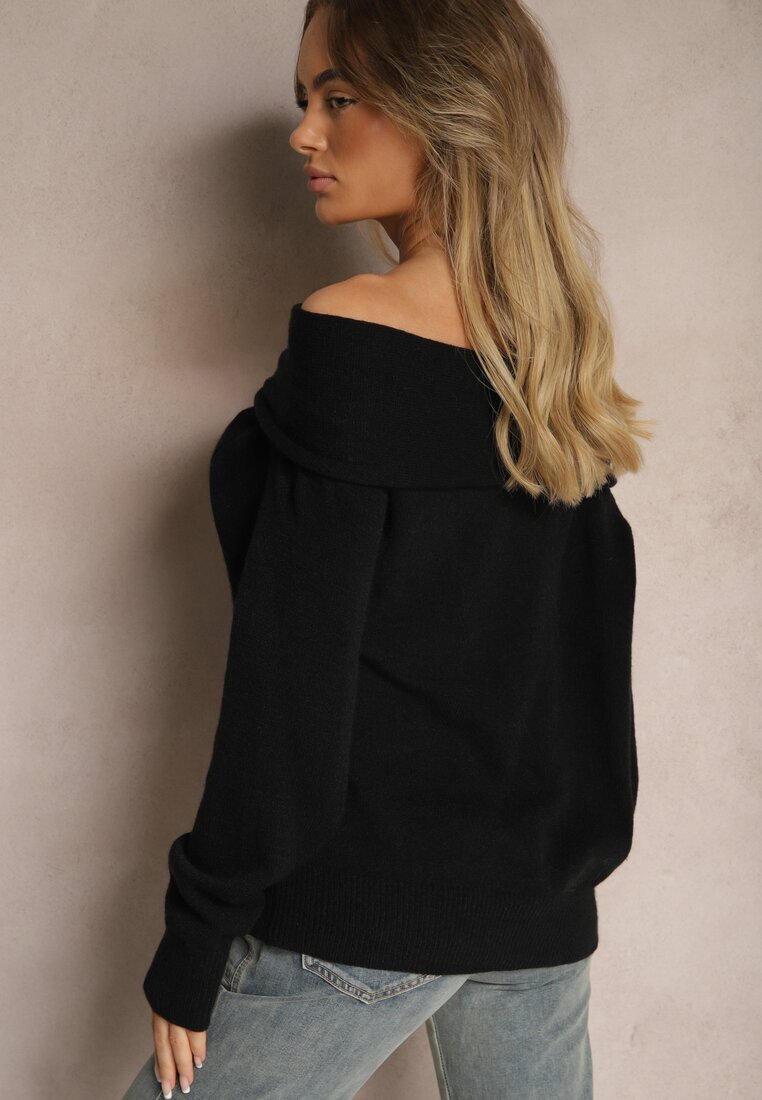 elsa.m by may Pulover Negru Off Shoulder cu Viscoză cu încrețituri decorative la Decolteu Nelilda