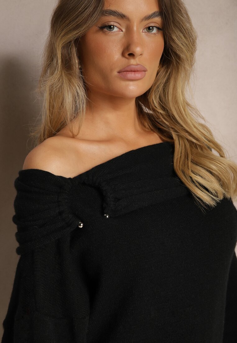 elsa.m by may Pulover Negru Off Shoulder cu Viscoză cu încrețituri decorative la Decolteu Nelilda