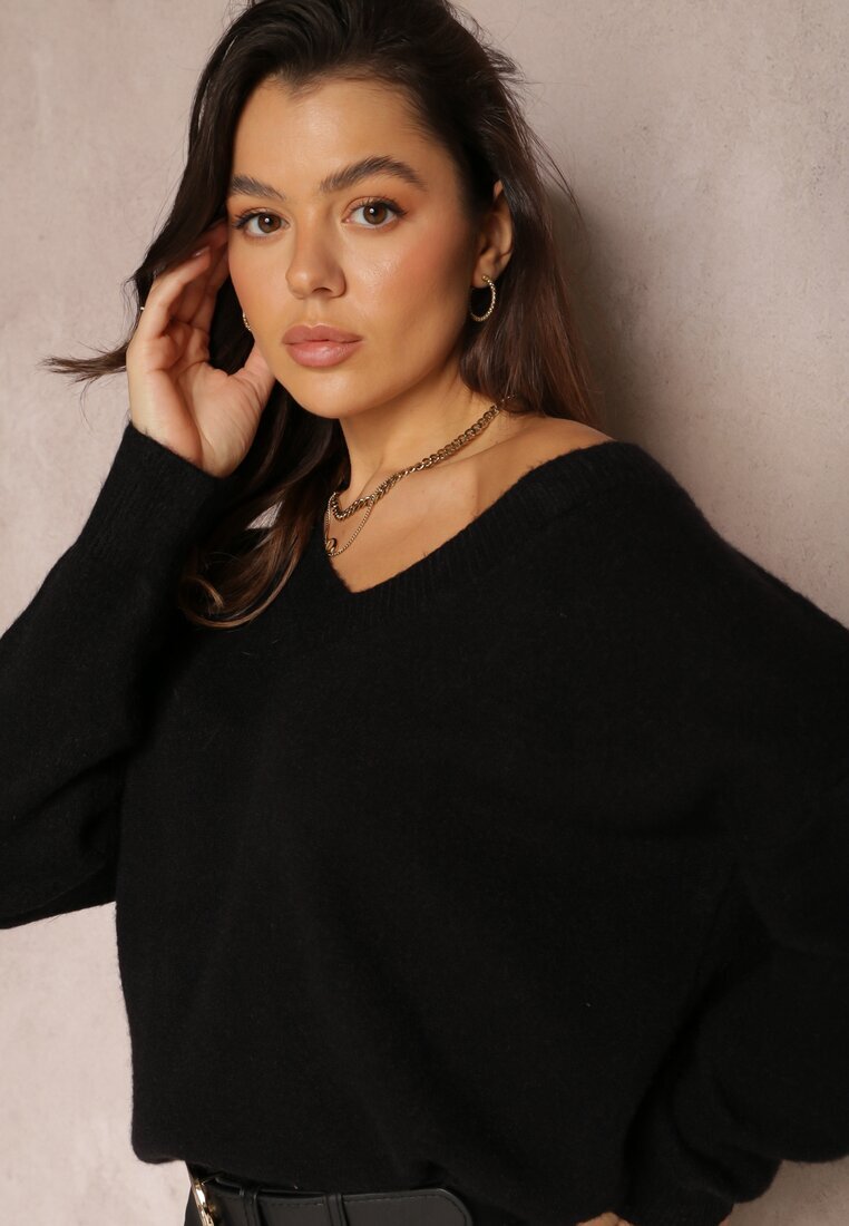 elsa.m by may Pulover Negru Simplu cu Bumbac cu Croială Oversize Conime