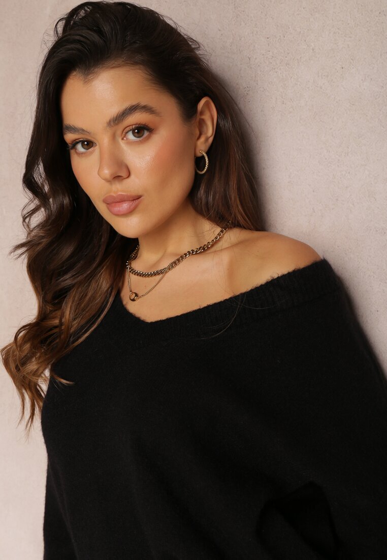 elsa.m by may Pulover Negru Simplu cu Bumbac cu Croială Oversize Conime