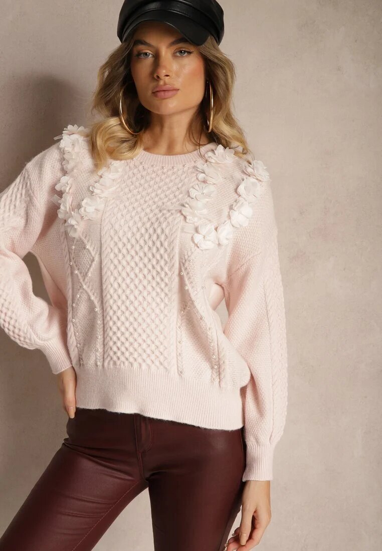 elsa.m by may Pulover Roz Clasic cu Aplicații Florale Decorative și Perle Leanwenna