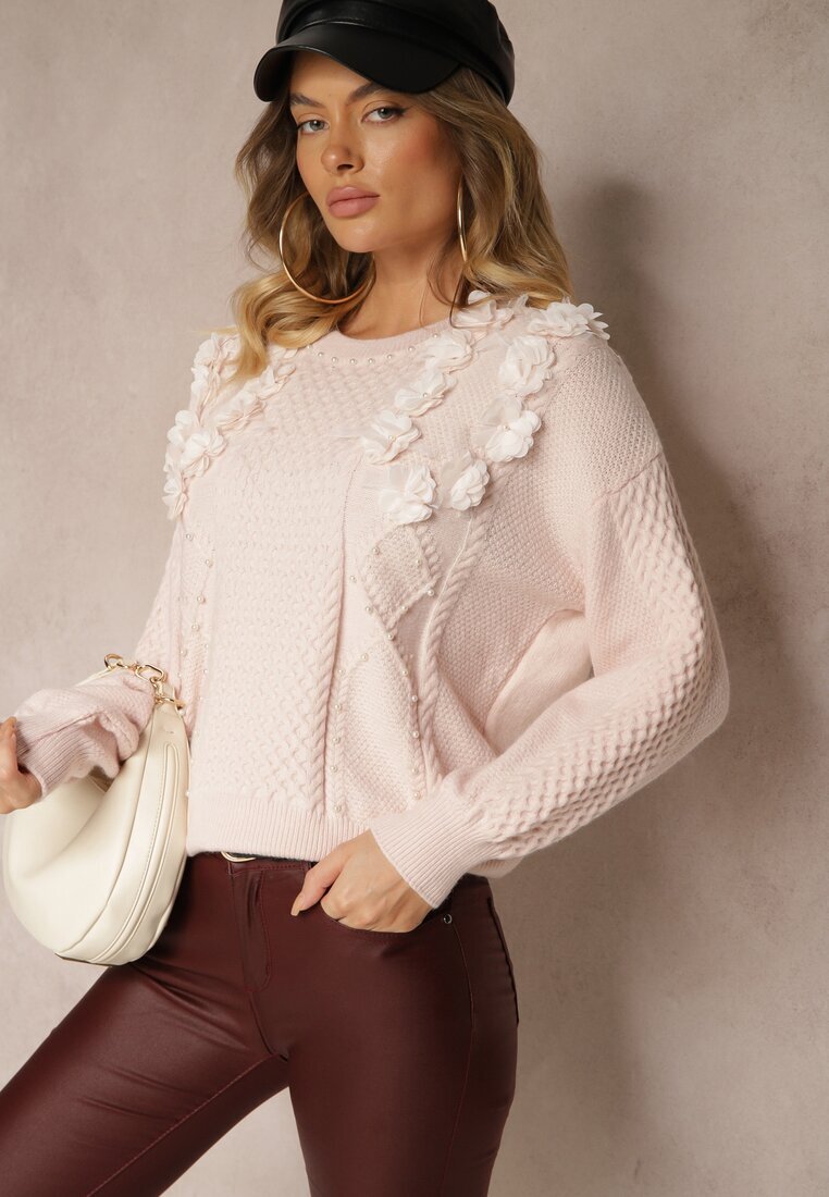 elsa.m by may Pulover Roz Clasic cu Aplicații Florale Decorative și Perle Leanwenna