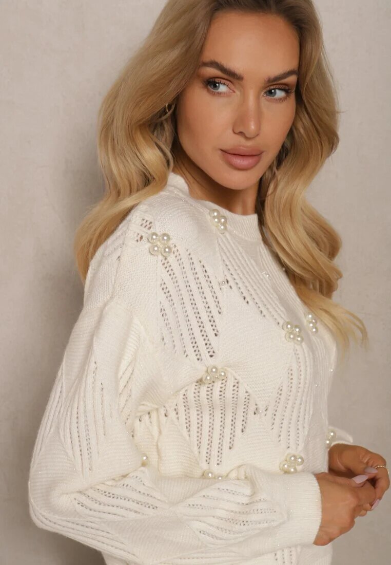 elsa.m by may Pulover Simplu Bej deschis cu Cusături Metalice Decorative și Perle Zinrila