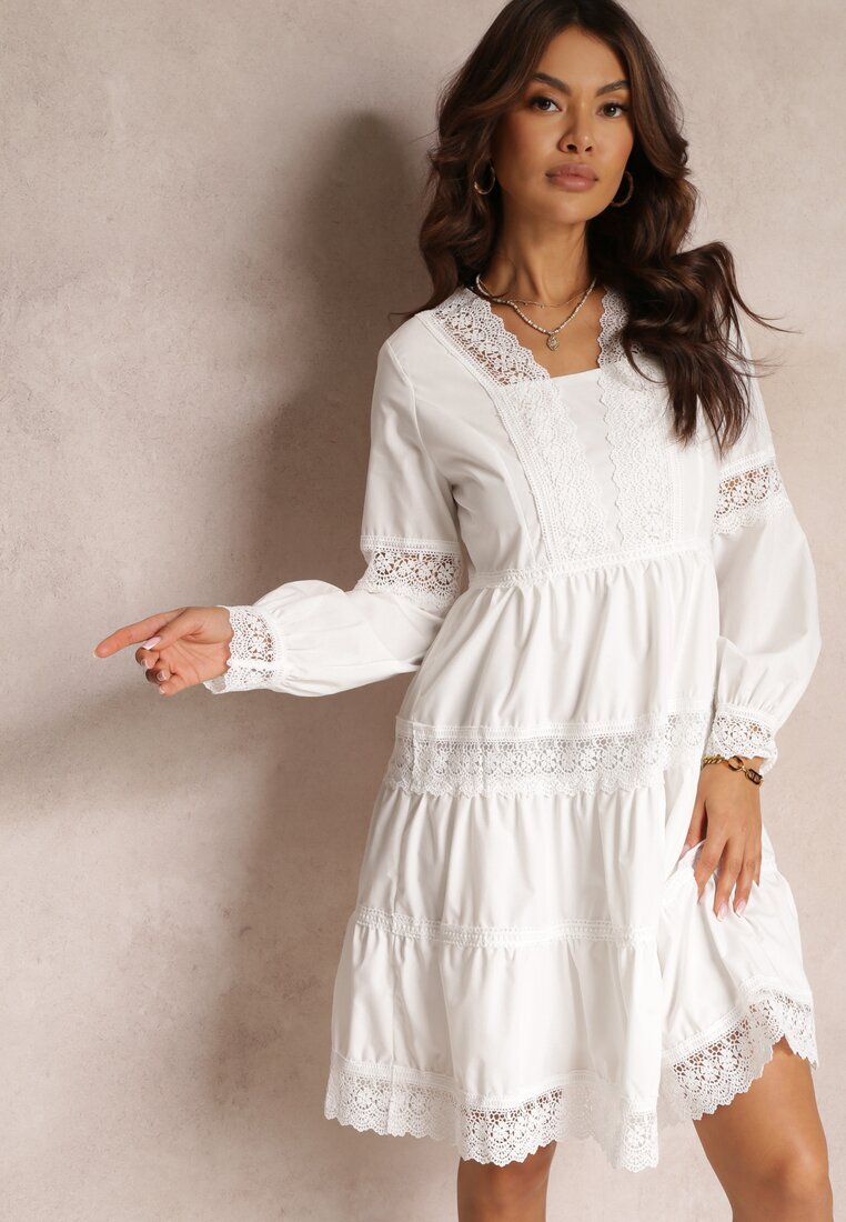 elsa.m by may Rochie Albă Cloș Mini cu Decolteu Decorativ cu Dantelă Eudovana