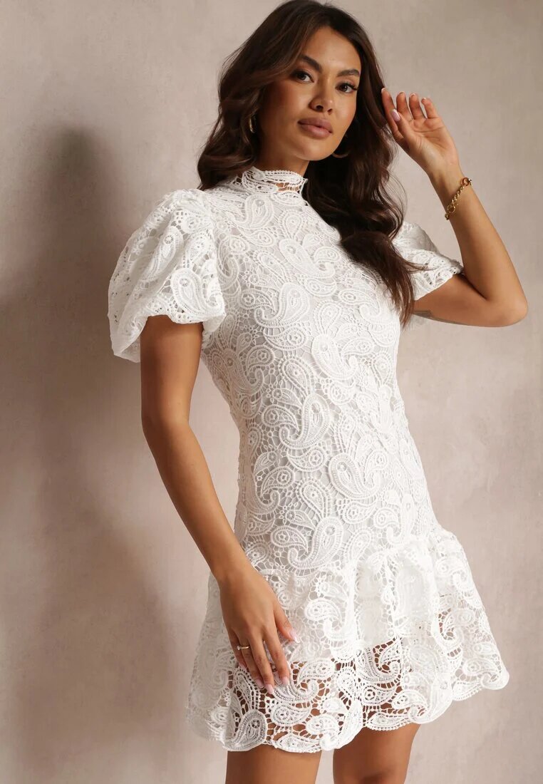 elsa.m by may Rochie Albă cu Broderie Paisley din Dantelă și Mâneci Bufante Briena
