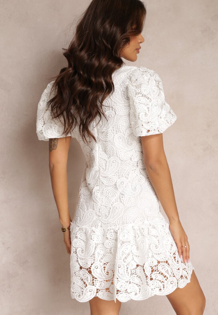 elsa.m by may Rochie Albă cu Broderie Paisley din Dantelă și Mâneci Bufante Briena