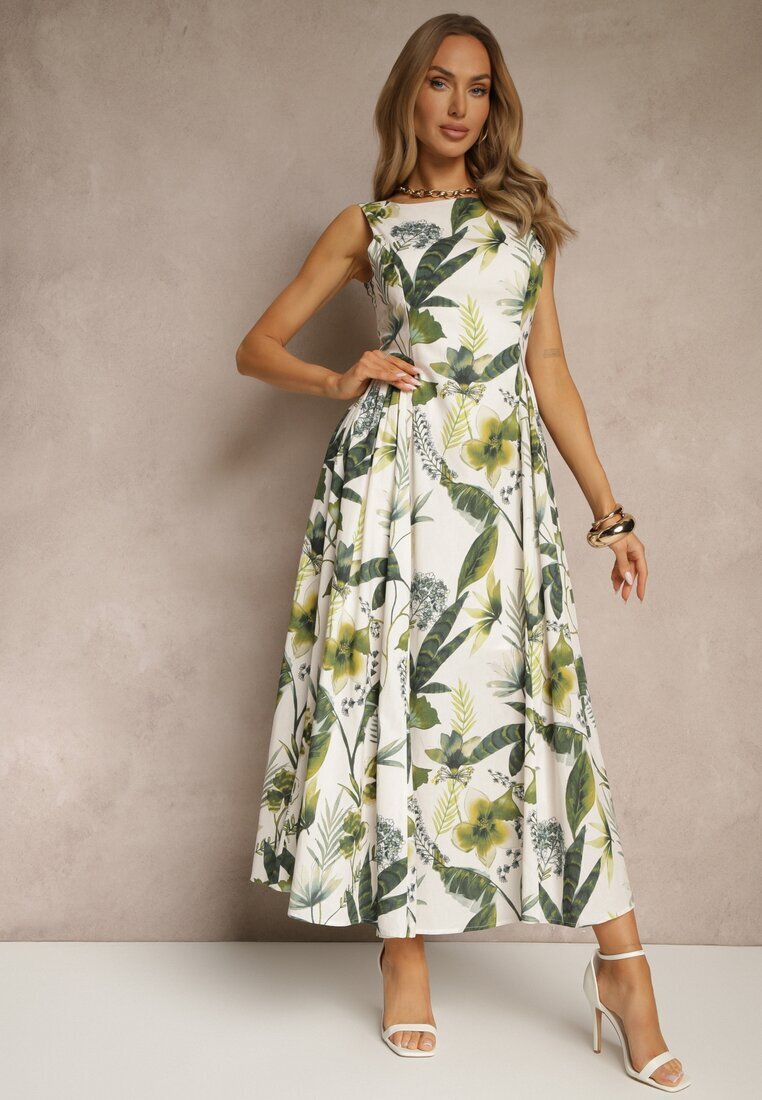 elsa.m by may Rochie Albă cu Imprimeu Floral din Bumbac cu Croială Cloș Korlio