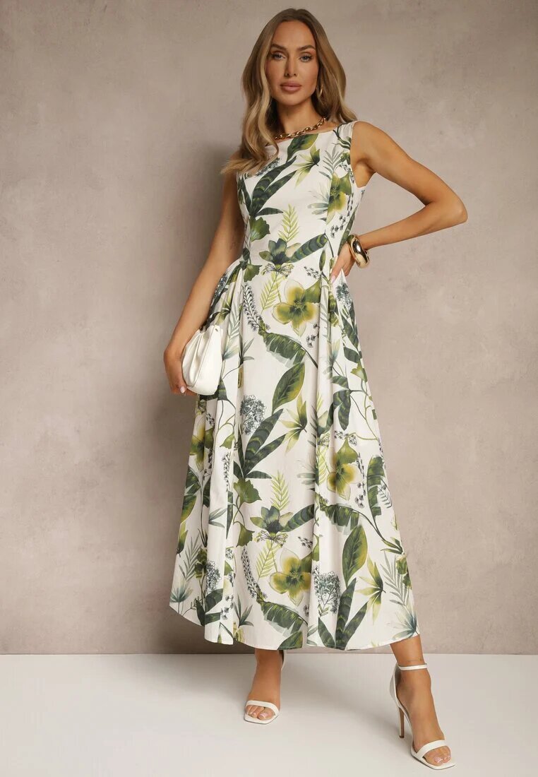 elsa.m by may Rochie Albă cu Imprimeu Floral din Bumbac cu Croială Cloș Korlio