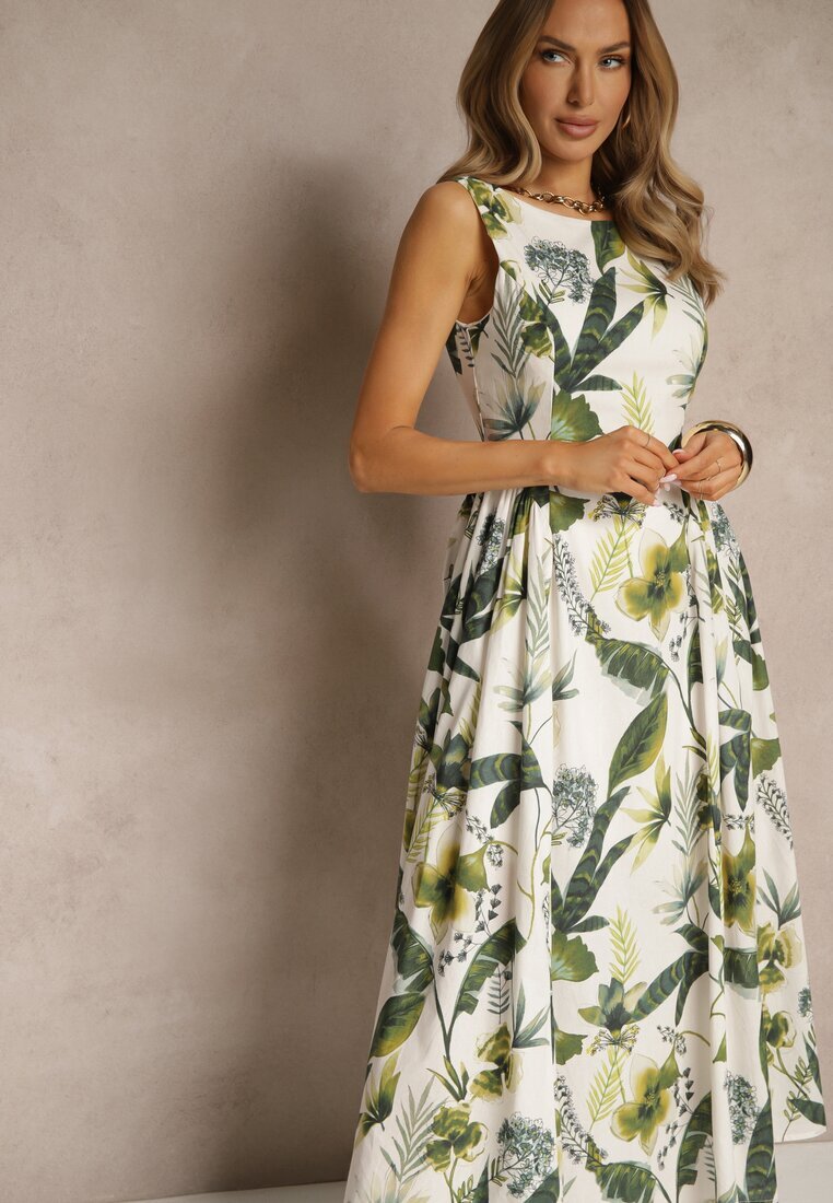elsa.m by may Rochie Albă cu Imprimeu Floral din Bumbac cu Croială Cloș Korlio