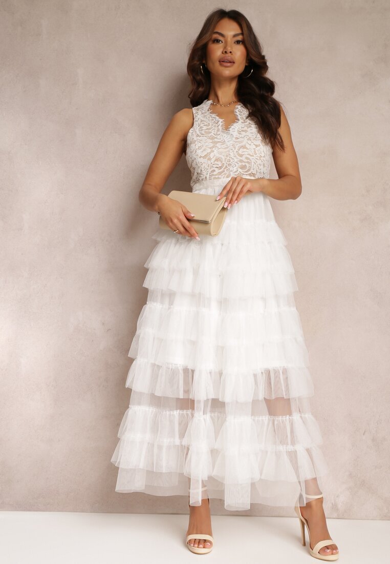 elsa.m by may Rochie Albă de Cocktail cu Corsaj de Dantelă și Fustă Evazată de Tulle Venisa