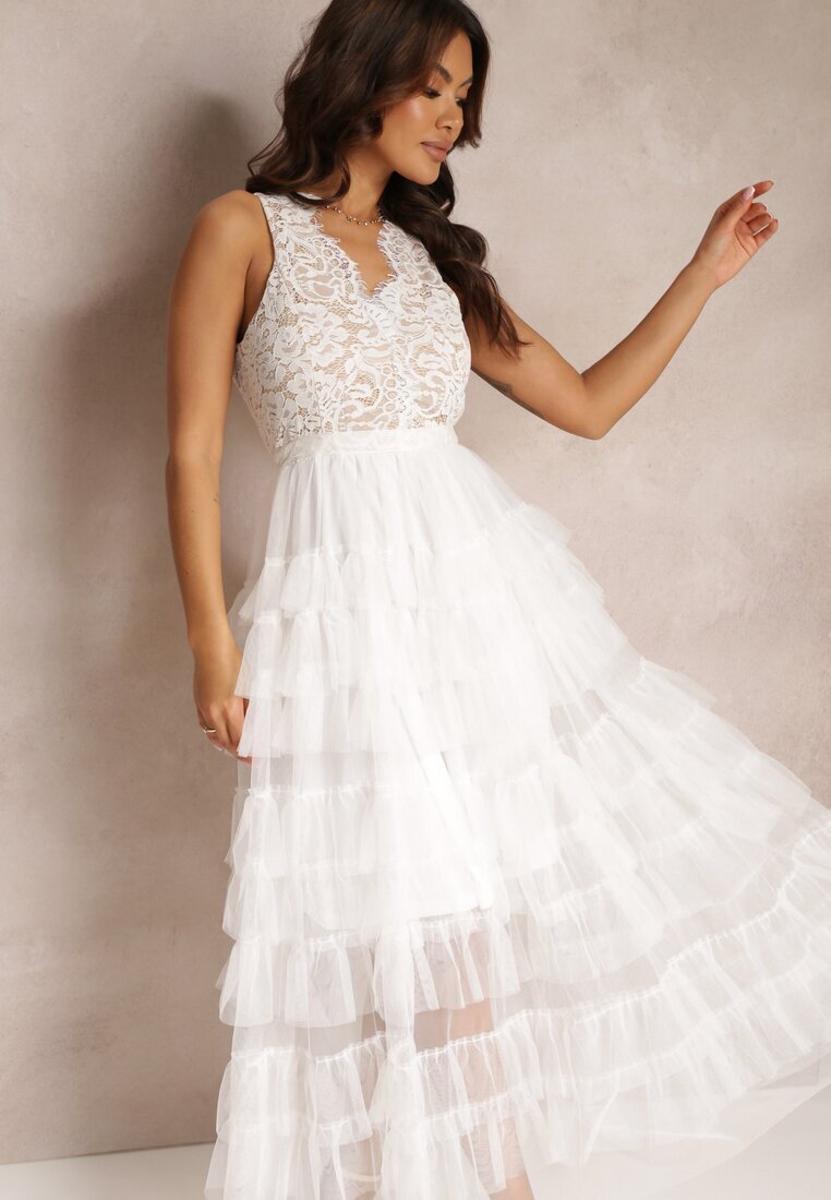 elsa.m by may Rochie Albă de Cocktail cu Corsaj de Dantelă și Fustă Evazată de Tulle Venisa