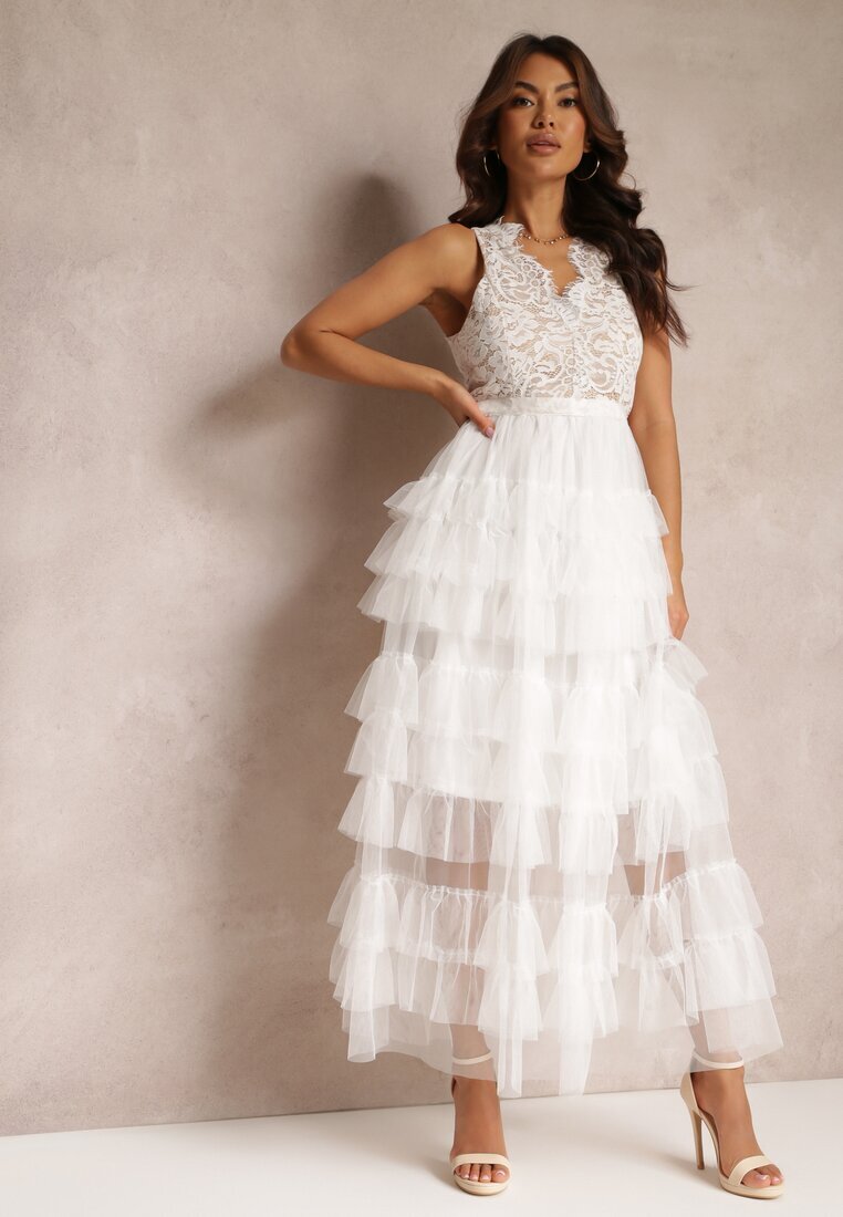 elsa.m by may Rochie Albă de Cocktail cu Corsaj de Dantelă și Fustă Evazată de Tulle Venisa